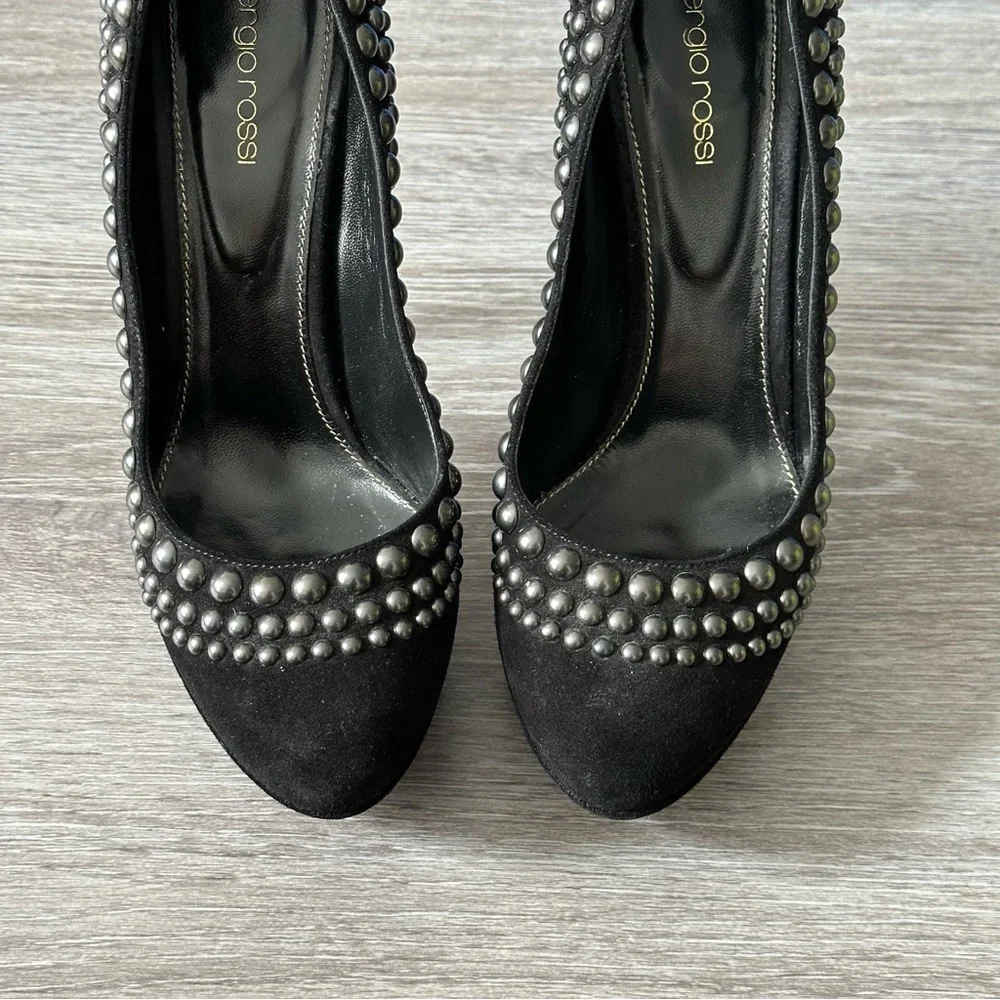 Sergio Rossi Black Suede Silver Studded Platform Pumps